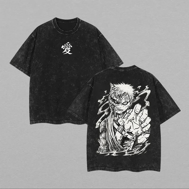 Camiseta Naruto — Gaara Love Shukaku | Acid Wash Vintage | Oversize Retro Anime Algodón Streetwear